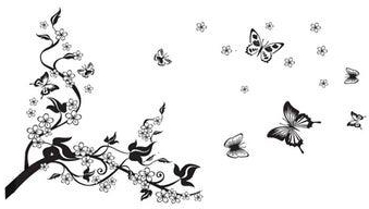 ملصق جداري بتصميم نبتة زهرية متسلقة مزينة بفراشات جميلة أسود
