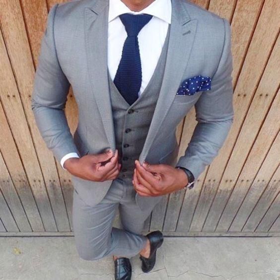 b"Men's Suit Slim Fit 3-Piece Suit Grey"