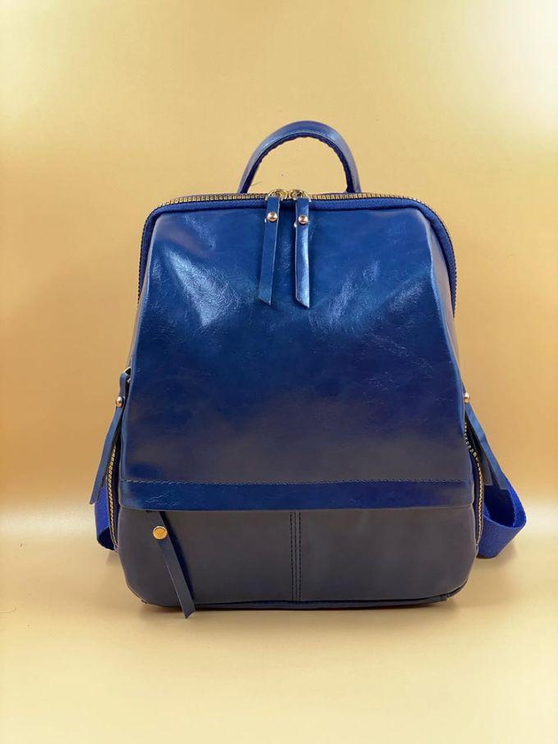 Stylish Women's Unique Leather Backpack - Navy Blue