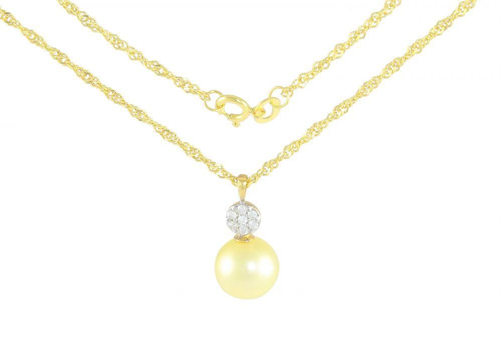 Vp Jewels 18K Solid Gold 0.07ct Genuine Diamond And 10mm Golden Pearl Pendant Necklace