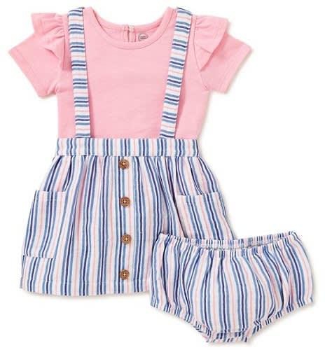 Baby Girls Dress Pinafore, Top & Diaper Cover - 3 Pieces Outfit Set - Stripped