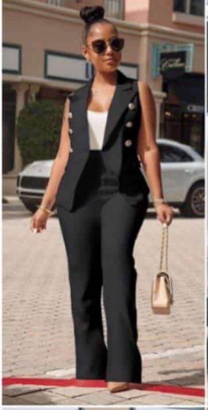 Turkish Double Breasted Sleeveless Blazer With High Waist Trouser-BLACK