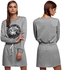 Sunweb Finejo Fashion Casual Round Neck Long Sleeve Elastic Waist Drawstring Patchwork Pattern Short Dress ( Gray )