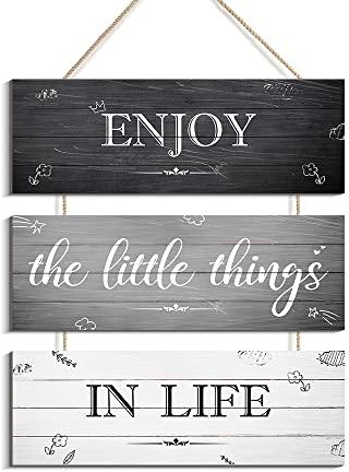 Creoate Inspirational Wall Decor Enjoy The Little Things in Life Positive Quote Family Wall Art 3 Pieces Rustic Wooden Wall Hanging Home Decor for Bedroom Living room