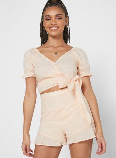 Side Tie Cropped Co-Ord Top Peach