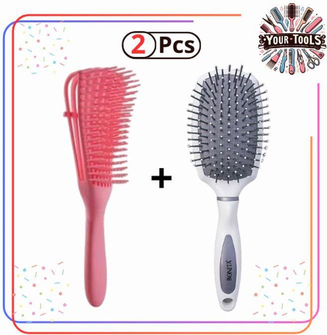 Curly Hair Brush + Air Cushion Hair Brush -Pink+White- 2 Pcs