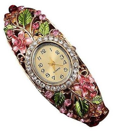 Bluelans Features:<br />Women's Lady Gold Plated Crystal Colored Alloy Flower Bangle Bracelet Dress Watch Analog Quartz.<br />Shiny clear rhinestone case plus pretty flower alloy bangle watch band, beautiful casual wrist watch.<br />A good gift for your friends, s