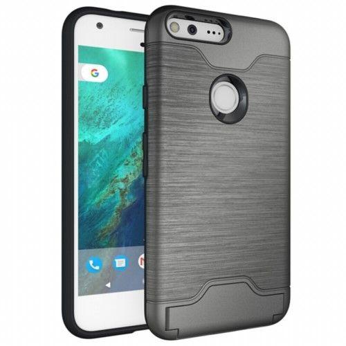 Google Pixel XL 5.5 inch Brushed PC TPU Hybrid Card Holder Cover with Kickstand, Grey