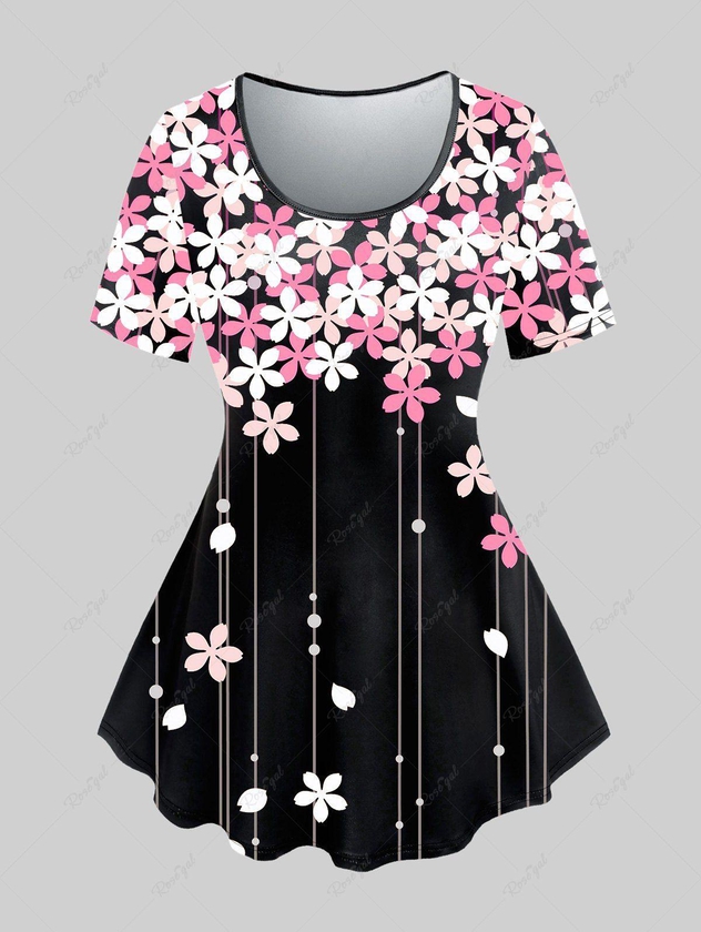 Plus Size Flower Printed Short Sleeves Tee - 5x | Us 30-32