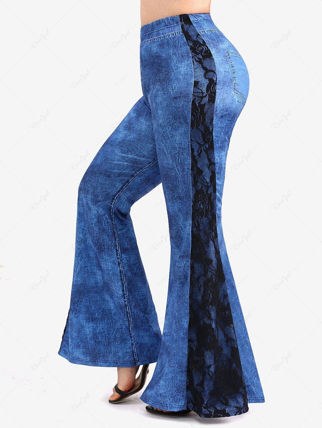 Plus Size Side Floral Lace Panel Pockets Denim Patchwork Flare Pants - M | Us 10