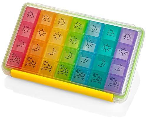 Weekly Pill Organizer - Portable 4 Times-A-Day - Water Moisture-Proof AM/PM Pill Case, Colorful 7 Day Medicine Holder Pill Box with Labels for Prescriptions, Medications, Vitamins, and Supplements
