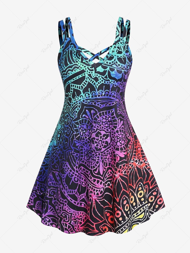 Plus Size & Curve Ethnic Printed Colorblock Crisscross A Line Sleeveless Dress - 1x | Us 14-16