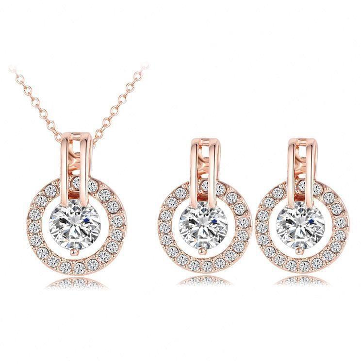 Round Earring Studs 18K Rose Gold Plated Crystal Earrings Necklace Set