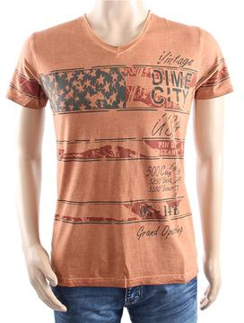 Retro Style V-neck Short-sleeve Print T-shirt Orange L