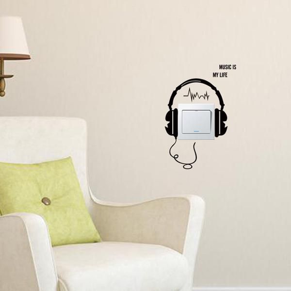 Music Headphone Switch Wall Sticker Black 10x10 centimeter SYW-121