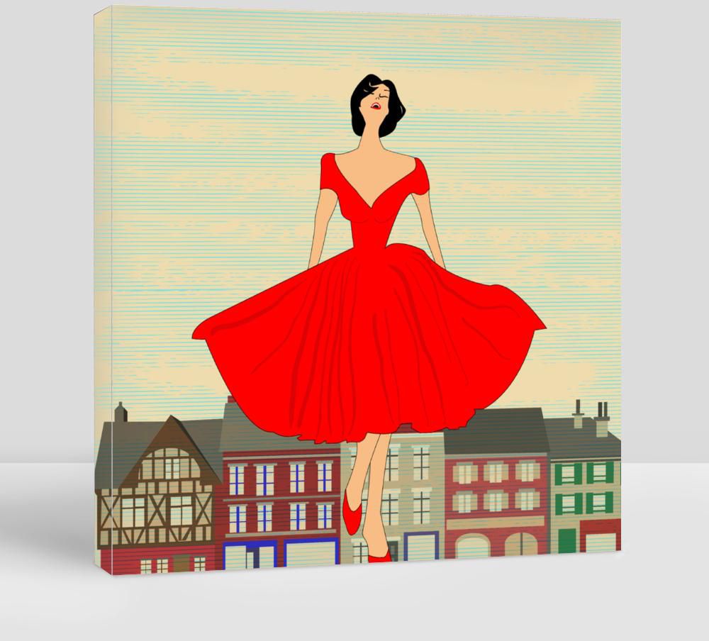 Background Illustration of a Girl in Red 1950'S Style Dress in Front