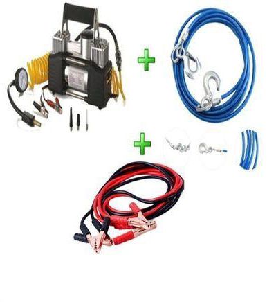 000845 Car Air Compressor - 2 Cylinder + Battery Cable - 400 Amp + Steel Wire Car Towing Rope - 4 M
