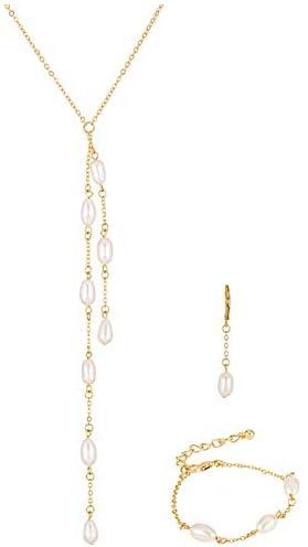 Alwan Gold Plated Pearl Necklace, Bracelet and Earring Jewellery Set for Women - EE3867SETGP