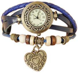 Ladies Dress Blue Vintage Heart Pendent Bracelet Quartz Watch with Leather Strap ‫(WF13LS - Blue)