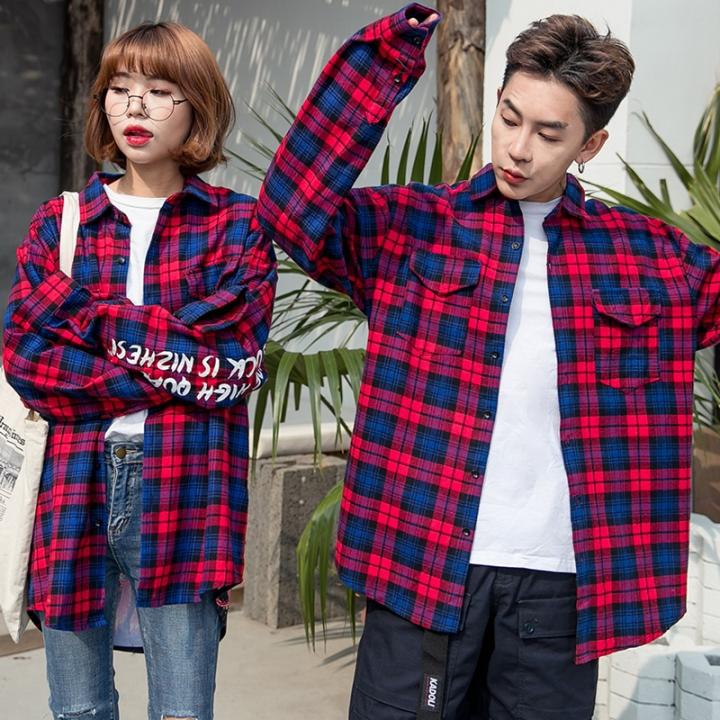 Couple Clothes Lovers Korea Red Plaid Shirt Preppy Style Female