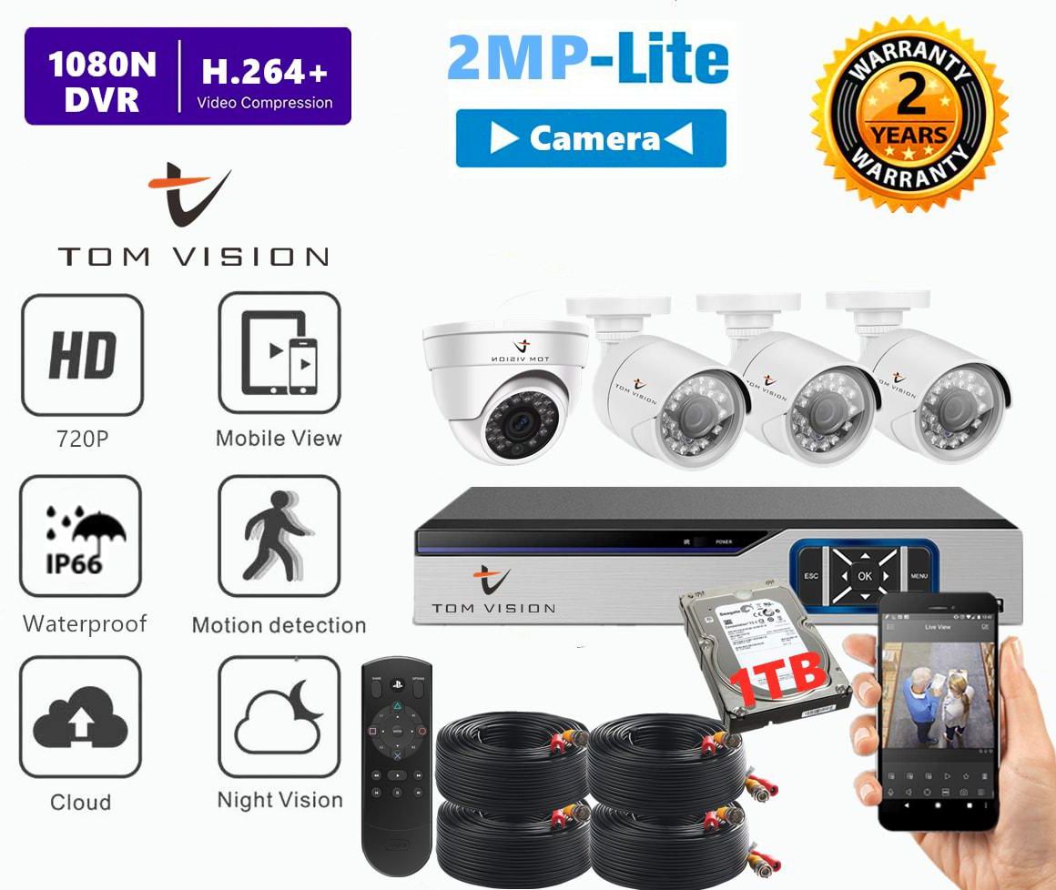 Tomvision - 4Channel AHD Camera KIT with 1TB Hard Disk 2MP/720P CCTV Security Recording System Kit 3Pcs Outdoor Bullet 1Pc Indoor Camera and P2P Cloud Alarm System Home Security (4Channel(1TB), 1Indoor&amp;3Outdoor)