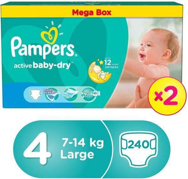 Pampers Active Baby Dry Diapers, Size 4, Double Mega Box - 7-14 kg, 240 Count