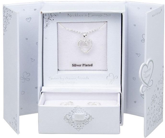 Silver Plated Necklace & Earrings Gift Set- Sister