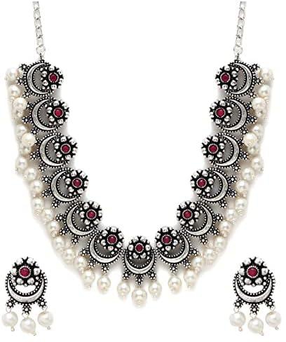 YouBella Jewellery Oxidised Silver Necklace Jewellery Set with Earrings for Girls and Women (Silver) (YBNK_50526), Onesize, Metal, No Gemstone