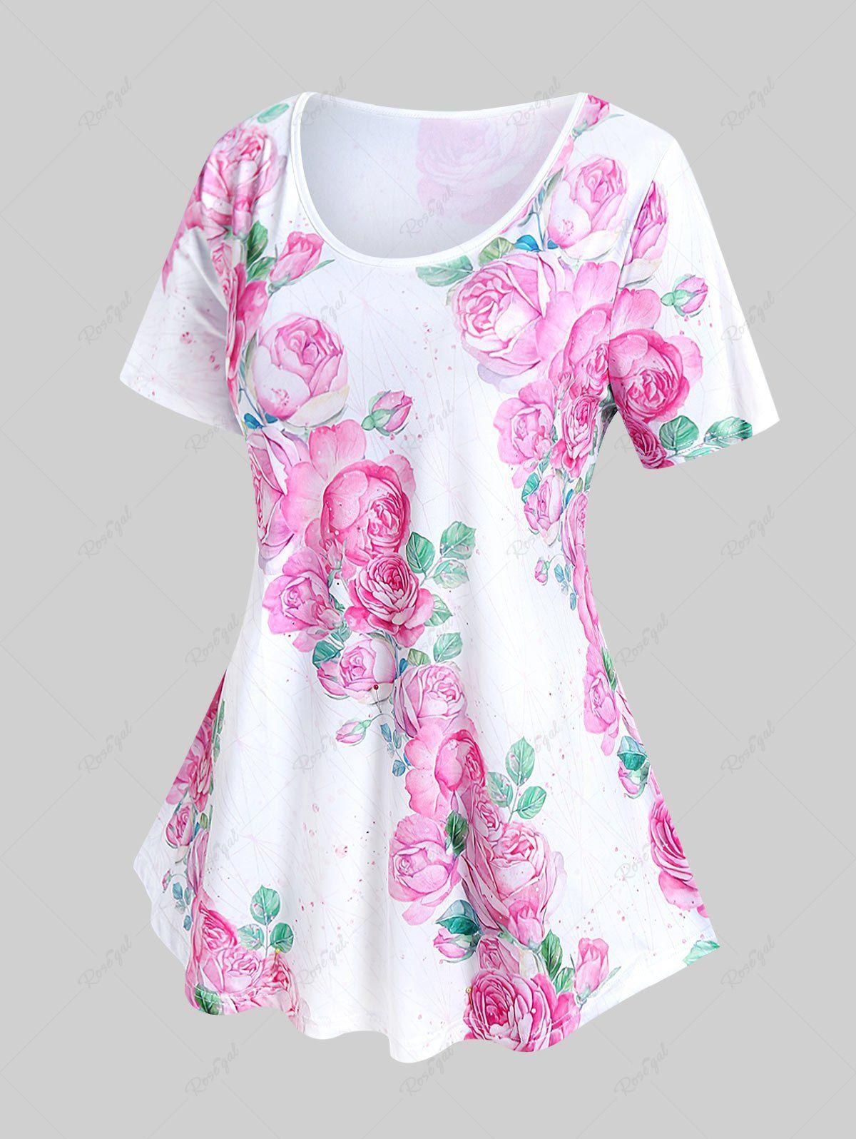 Plus Size 3D Rose Leaves Print Short Sleeve T-Shirt - 5x | Us 30-32