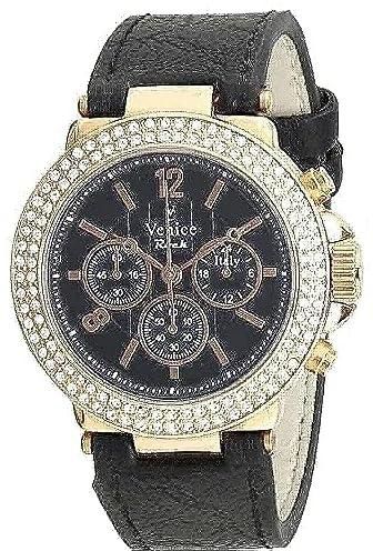 Venice v8080-ipr-b two-tone leather stones embellished bezel round analog watch for women - black