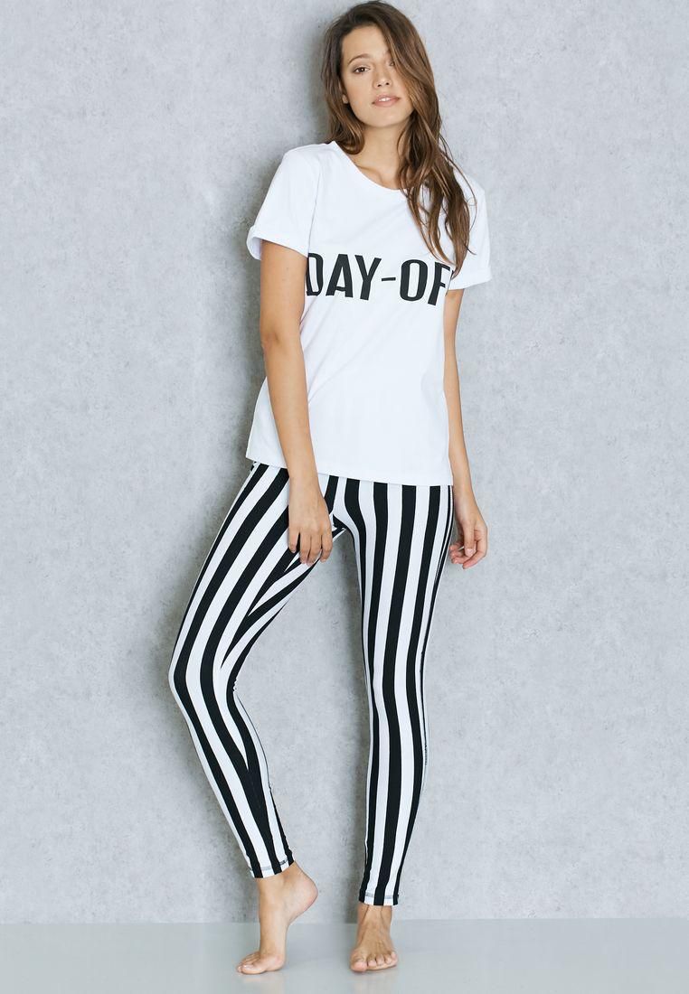 Slogan Striped Print Pyjama Set