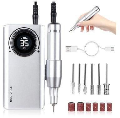 Rechargeable 35000RPM Nail Drill, Portable Nail Drill Machine Electric Nail E File Manicure Drill Set High Speed Nail Tools for Nail Salon, Silver