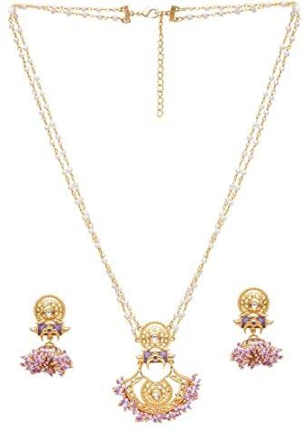 VOYLLA Festive Hues Yellow Gold Plated Faux Pearls Adorned Brass Jewellery Set, Onesize, Brass, No Gemstone