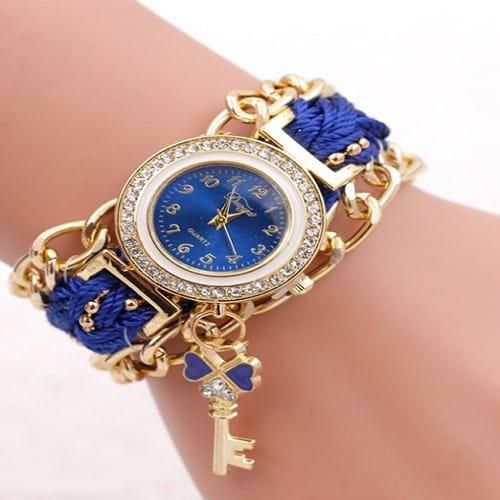Women's  Rhinestone Clover Key Pendant Braided Chain Watch- Blue