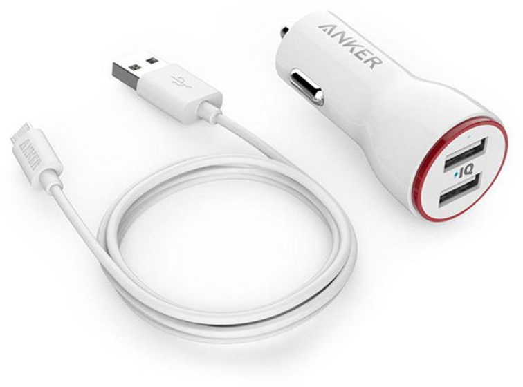 PowerDrive Dual USB Car Charger With USB Cable White