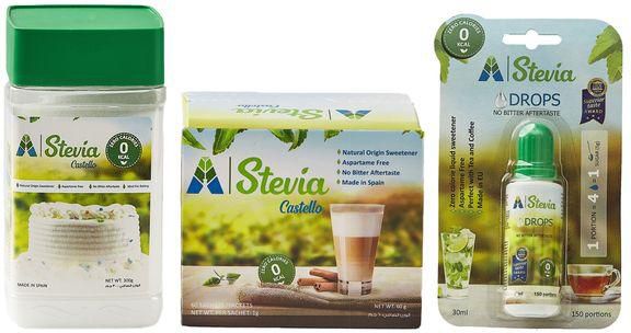STEVIA Castello Jar - 300 Gm + 60 Sachets + Diet Sugar Drops - 30 Ml
