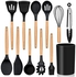 Kitchen Utensils Set of 12, E-far Silicone Cooking Utensils with Holder, Non-stick Cookware Friendly & Heat Resistant, Includes Spatula Tong Whisk Ladle Brush Slotted Turner Spoon(Black)
