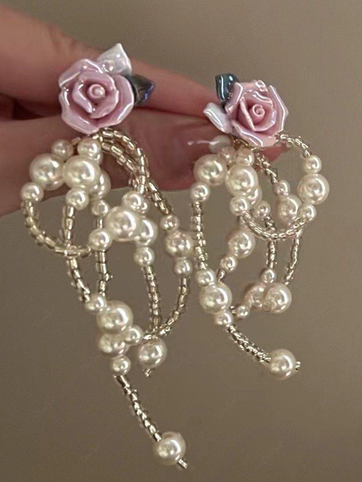 Flower Shaped Faux Pearl Tassel Drop Earrings