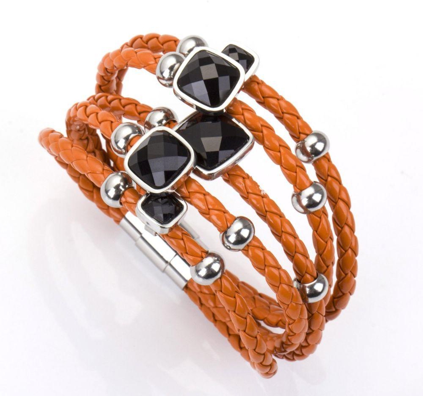 Leather Womens Bracelet, with black Strass Metal Beads Magnetic Clasp