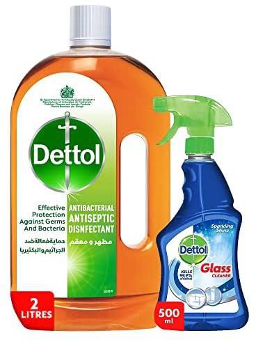 Dettol Antiseptic Disinfectant Liquid, 2 Litres + Dettol Healthy Glass Cleaner 500ml