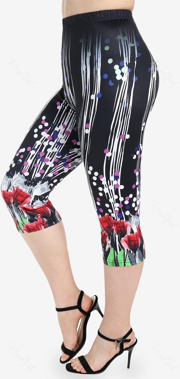 Plus Size Floral Print Polka Dot High Waist Capri Leggings - M | Us 10