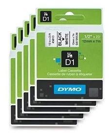 DYMO D1 5 nos Labeling 1/2"x23' Black Print on White Tape - 12mm X 7M D1 Label Cassette Split Back Easy Peel Adhesive