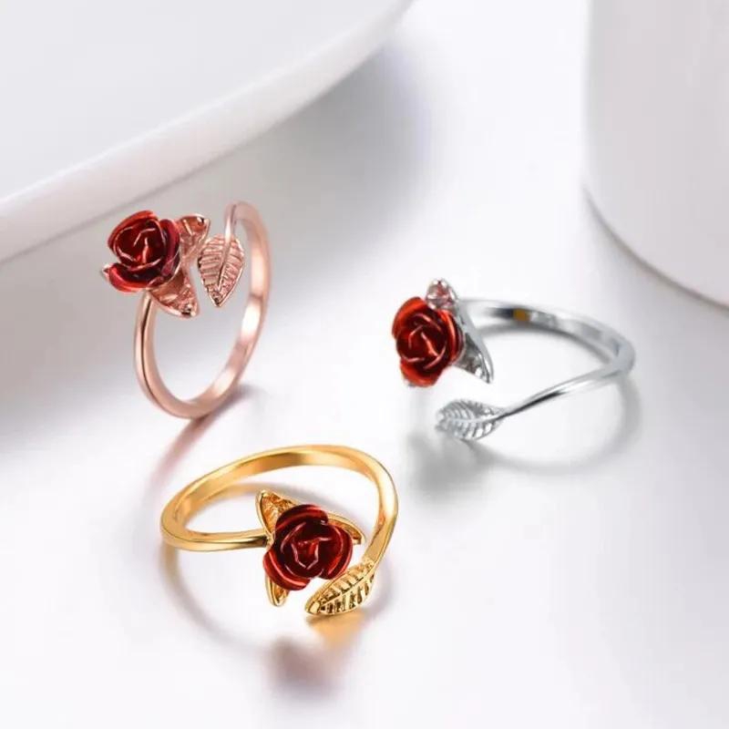 Red Rose Flower Leaves Opening Ring For Women Rhinestone Flowers Adjustable Finger Ring Valentine's Day Engagement Jewelry Gift