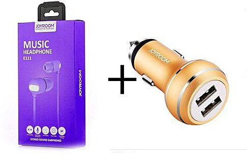 Joyroom Bundle Offer Jr-E111 In-Ear Headset Earphone With Microphone Purple & C-M306 5v/2.1a Smart Chip Dual USB Port Quick Charge Car Charger + Aluminium Alloy - Gold