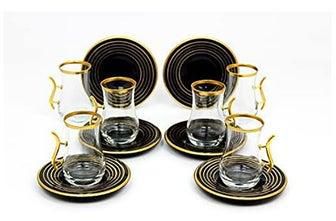 Tea Set with Saucer, Elegant Turkish Estikana Cups for Tea Coffee Cup for Home, Office, Set of 12 pcs, Made in Turkey - ETS8802 (Black)