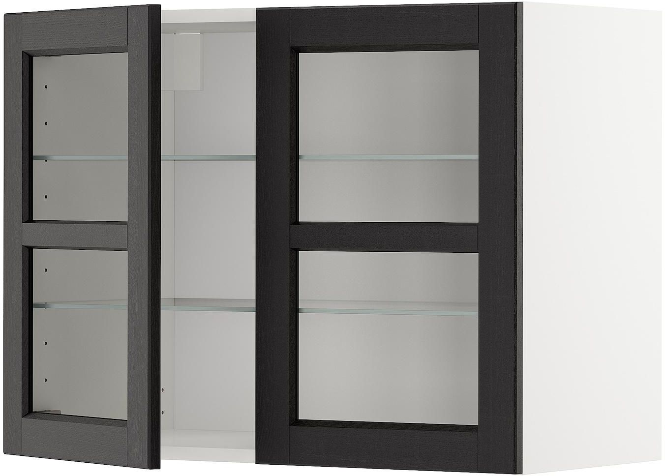METOD خزانة حائط مع أرفف/بابين زجاجية - أبيض/Lerhyttan صباغ أسود ‎80x60 سم‏