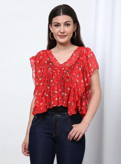Floral V-Neck Blouse Top Red/Green/White