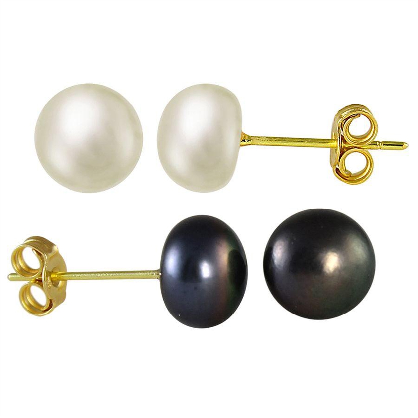 Vera Perla 18K Solid Gold 6-7mm Genuine Black and White Pearl Earring Set