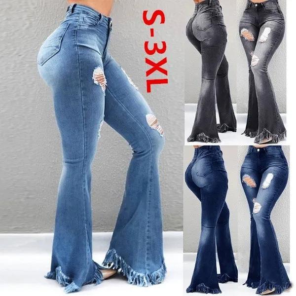 Women's Clothes  Trousers & Leggings Fashion  Girls Vintage Plus Size High Waist Flared Ripped Long Jeans Washing Demin Jeans(Grey，Dark Blue，Light Blue)