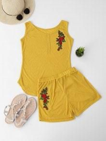 Embroidered Ribbed Tank Top and Knitting Short